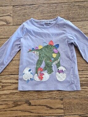 Boden Mini Lavender Long-Sleeve Top with Green Dinosaur Baby Eggs Appliqué 4Y 5Y